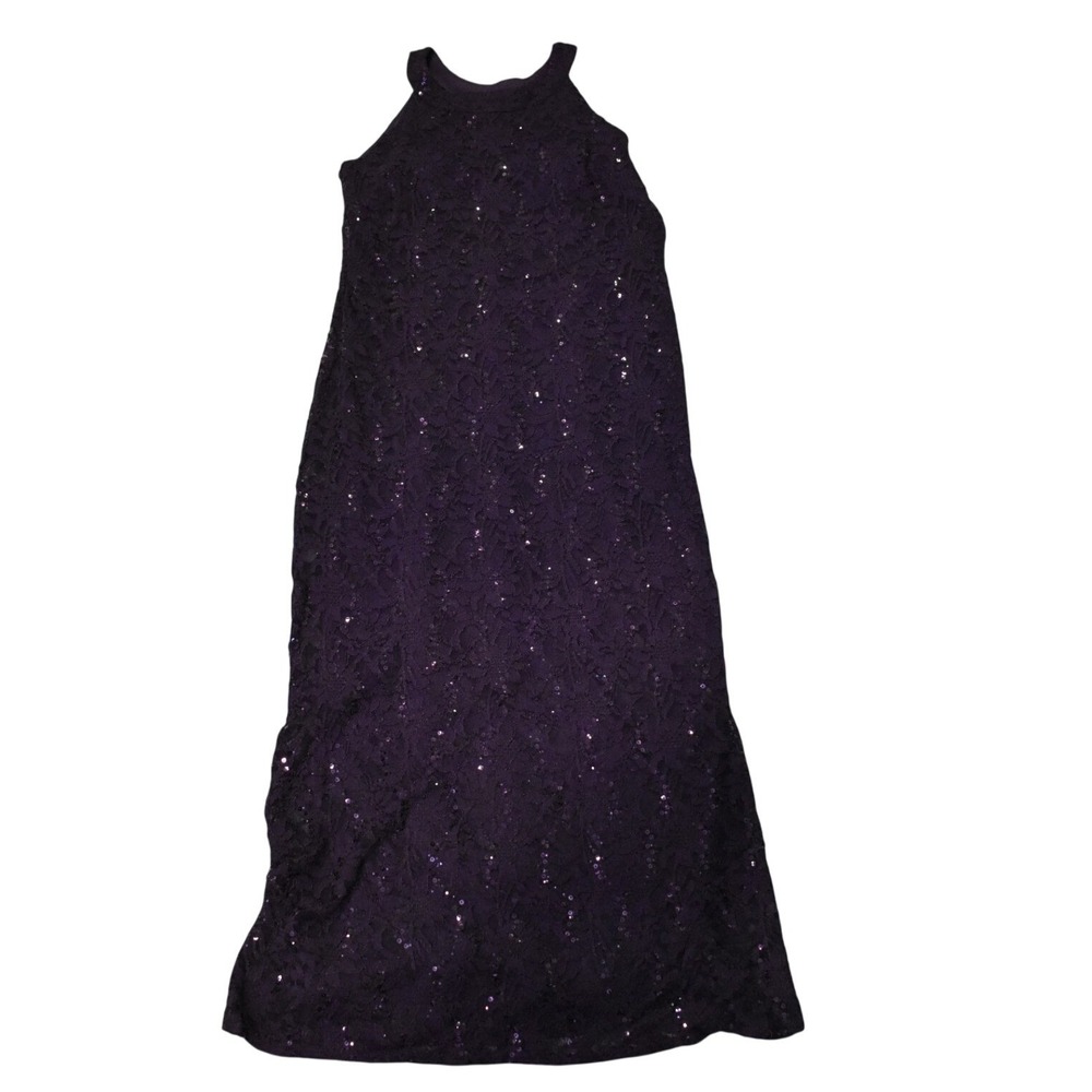 R&M Richards Gown Women 14P Purple Excellent Lace Sequin Halter Maxi Dress